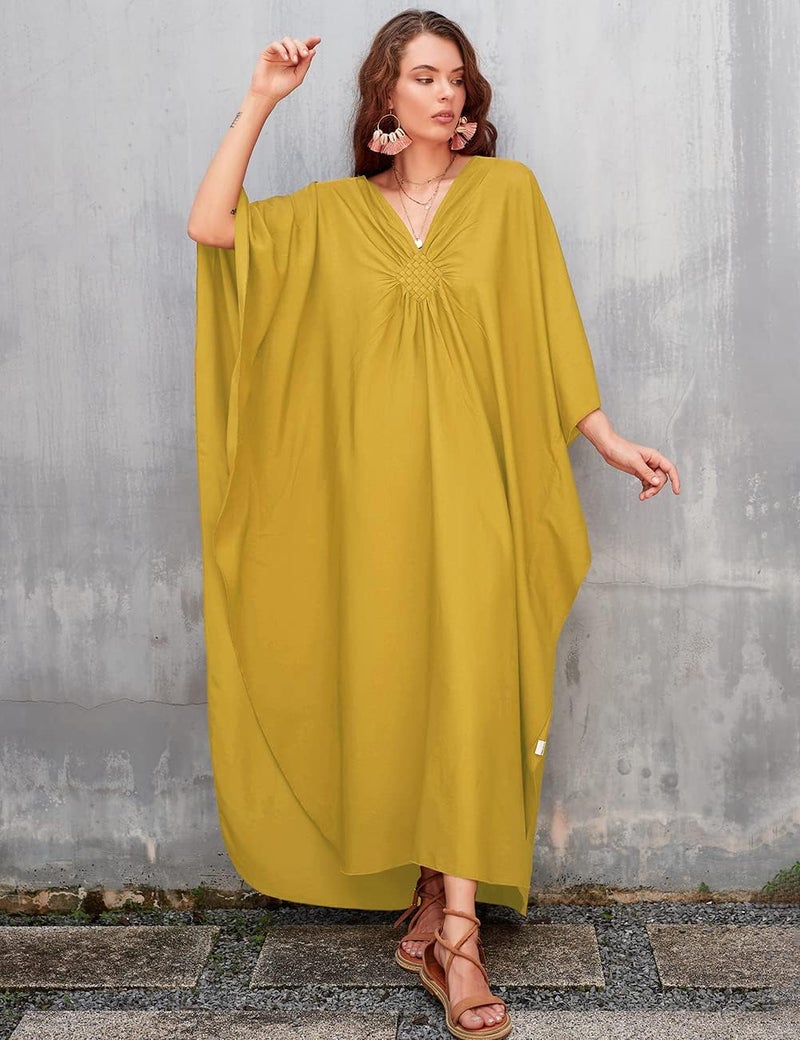Bsubseach Women Solid Color Cover Up V Neck Batwing Sleeve Plus Size Beach Kaftan Dresses - Image 2